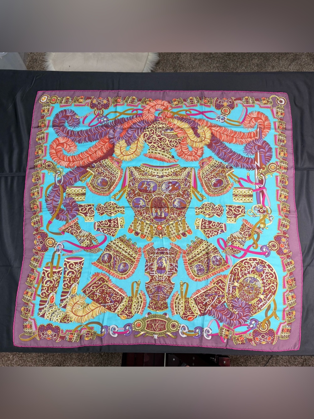Hermes Silk Scarf Sous Le Gide De Mars Armor Purple Teal Gold Authentic